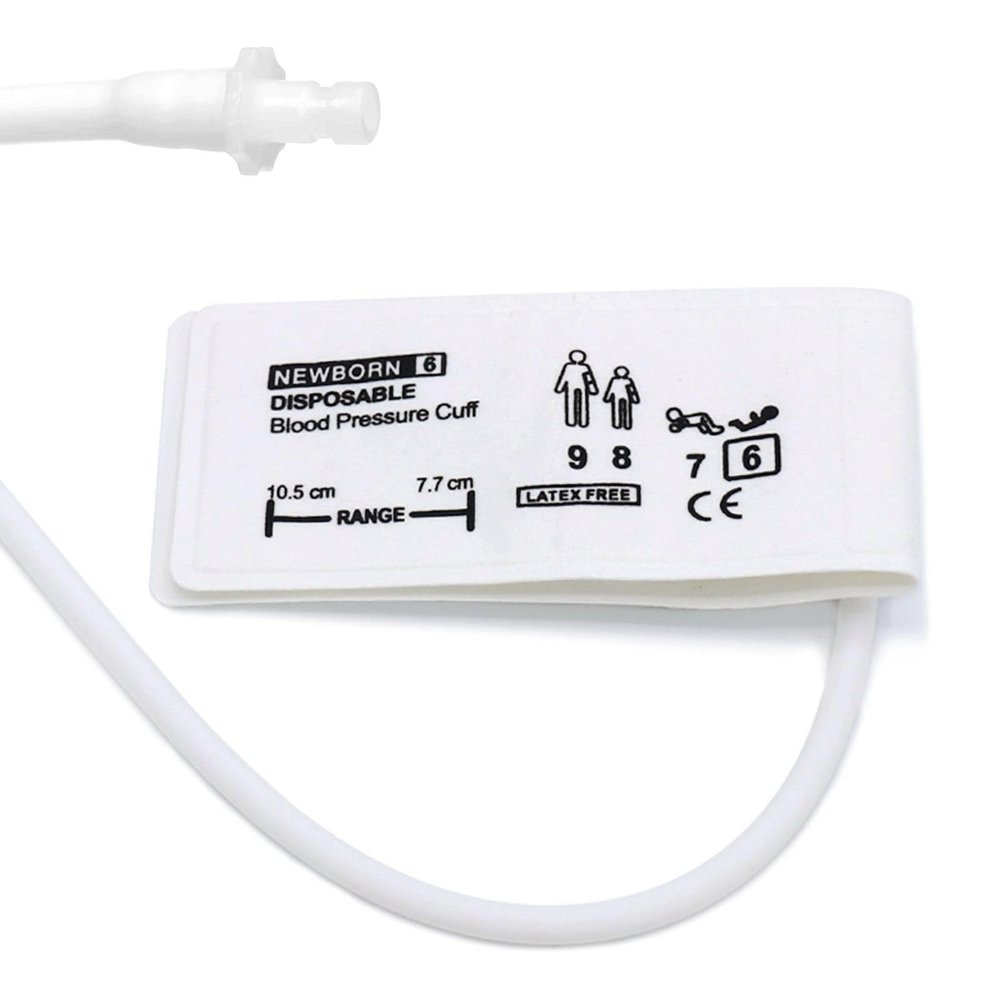 5PCS Disposable Blood Pressure Cuff with Single Tube + BP12 Connector for Neonate 7.7-10.5 cm, Replacement NIBP Cuff, Non-Woven Fabric BP Cuff