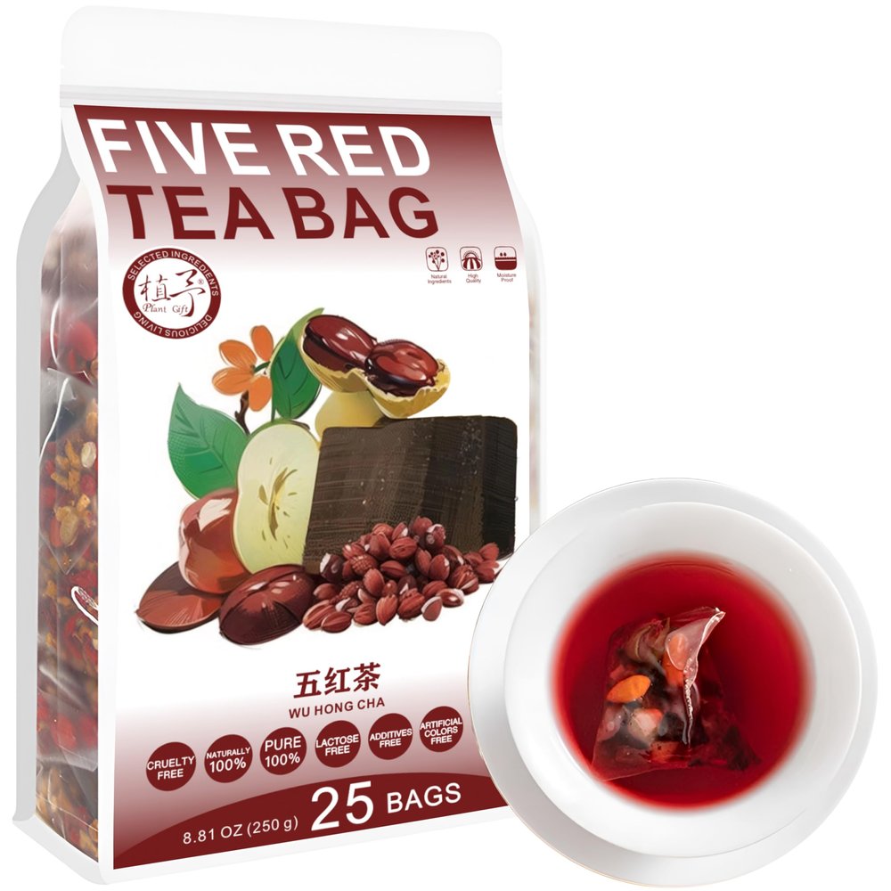 100% Pure Natural Herbal Tea, Five Red Tea Bag, 250g/8.81oz (5g*50bags)  Gpji, Brown Sugar, Red Bean, Peanut, Caffeine Free, No Additives, Non-GMO