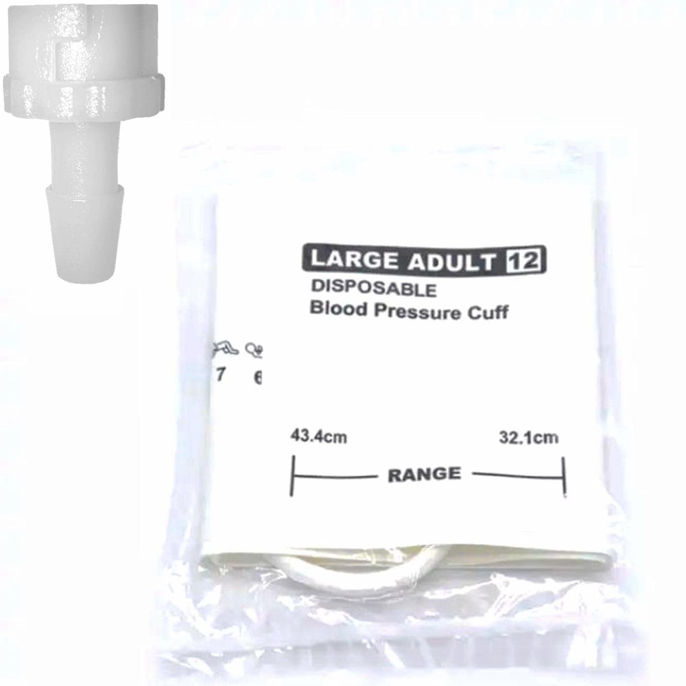 5PCS Disposable Blood Pressure Cuff with Single Tube + BP18 Connector for Large Adult 32.1-43.4 cm, Replacement NIBP Cuff Compatible with Zoll/Biolight Monitors, Non-Woven Fabric BP Cuff