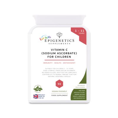 Vitamin C (Sodium Ascorbate) for Children | 200mg Buffered Vitamin C | Kids Sugar Free 90 Vegan Friendly Capsules UK Made | Long 3 Months Supply by Epigenetics Supplements