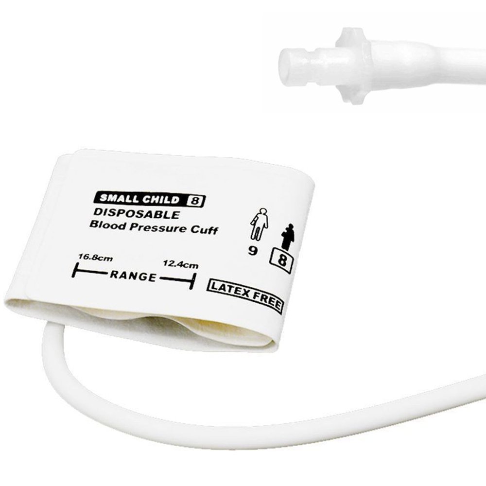5PCS Disposable Blood Pressure Cuff with Single Tube + BP12 Connector for Small Child 12.4-16.8 cm, Replacement NIBP Cuff, Non-Woven Fabric BP Cuff