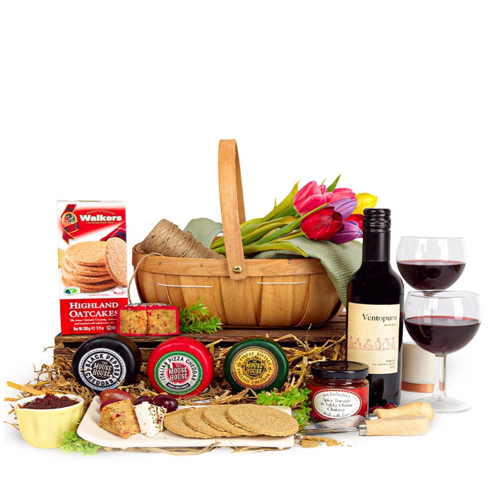 Gourmet Cheese & Red Wine Hamper  Luxury Food Gift Basket for Wine & Cheese Lovers