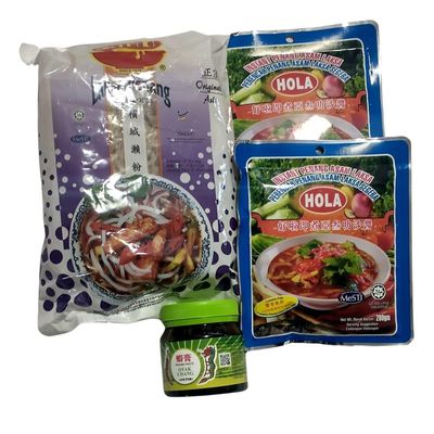 Penang Asam Laksa Bundle [Pack of 4 Items: Dried Thick Laksa Noodles, Hola Asam Laksa Paste x 2 and Prawn Paste/Petis Udang/Haeh Kor]
