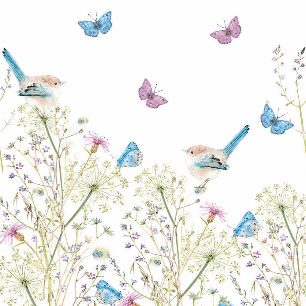 20 Napkins Spring Birds and Butterflies in Meadow as Table Decoration Paper Napkins with Motif Also for Decoupage and Decoupage 33 x 33 cm