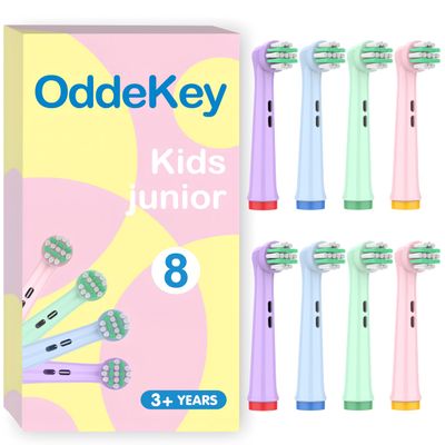 OddeKey Kids Toothbrush Heads Compatible with Braun Oral B Pro Kids, Pro Junior Electric Toothbrush, Extra Soft Bristles for Gentle Care, Replacement Heads for Ages 3+ and 6-12, 8 Count