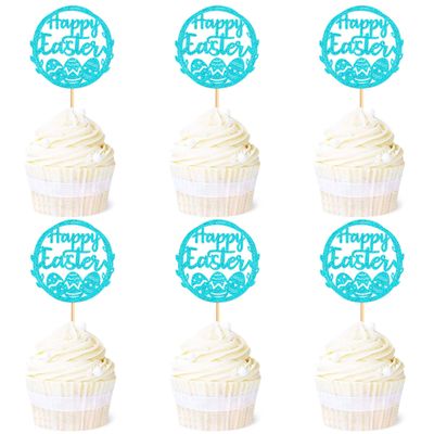 Ercadio 24 Pack Happy Easter Cupcake Toppers Blue Glitter Happy Easter Bunny Eggs Cupcake Picks Easter Rabbit Cupcake Toppers for Easter Day Theme Baby Shower Birthday Party Decor Supplies