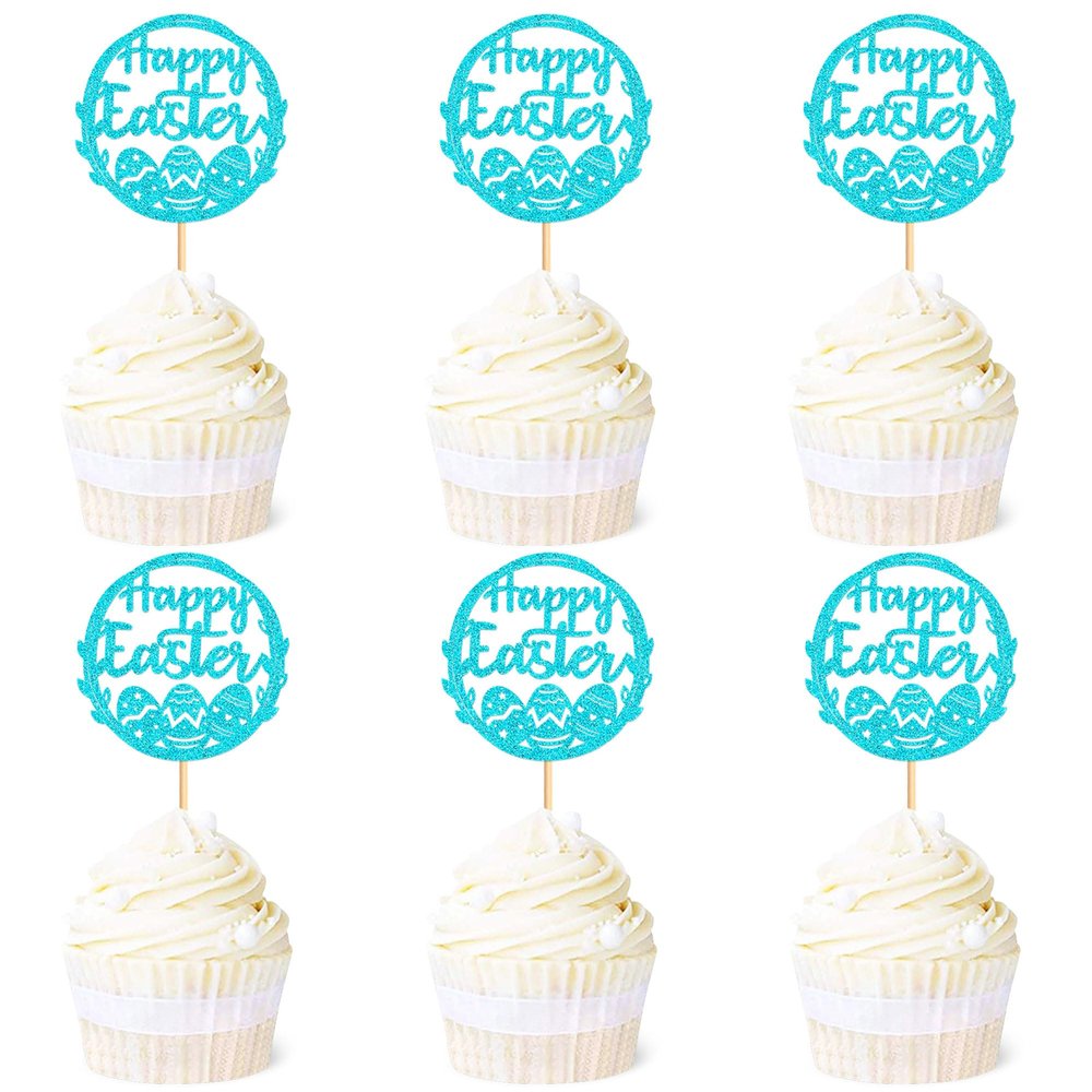 Ercadio 24 Pack Happy Easter Cupcake Toppers Blue Glitter Happy Easter Bunny Eggs Cupcake Picks Easter Rabbit Cupcake Toppers for Easter Day Theme Baby Shower Birthday Party Decor Supplies