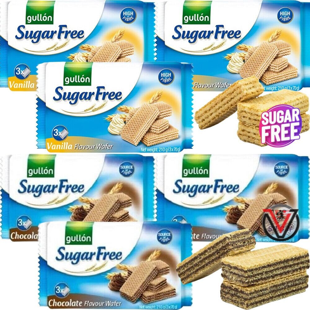 06 x Mixed Gullon Sugar Free Vanillac & Chocolate Creme Filled Wafer 180g - Great as Breakfast Biscuits | VIMIX