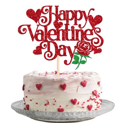 1 Pack Happy Valentines Day Cake Topper Glitter Rose Flower Sweet Heart Love alentines Cake Pick for Happy Valentine's Day Engagement Bridal Shower Birthday Party Cake Decorations Supplies Red