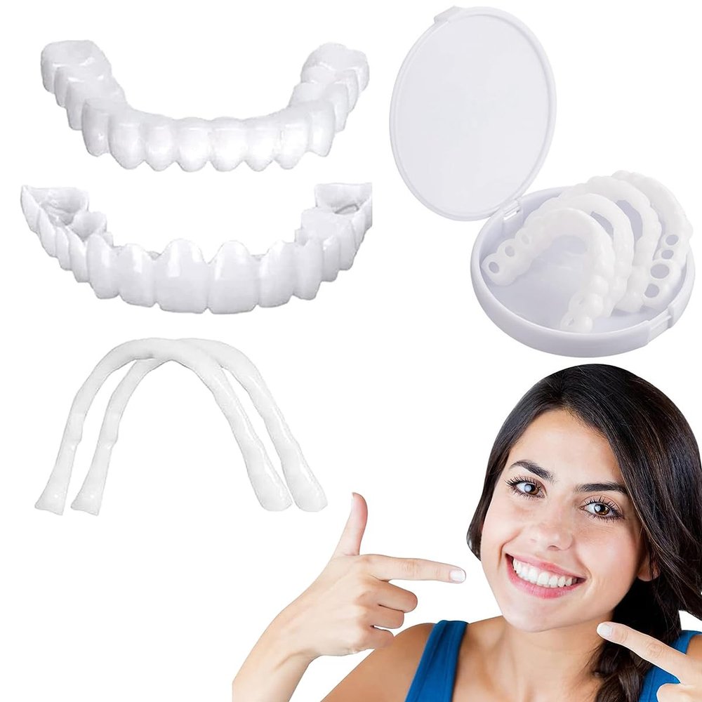 Dazzluxe Silicone Dentures Temporary Whitening Fake Teeth, Instant Perfect Smile Veneers Teeth Cosmetic, Upper & Lower False Teeth Veneers for Men Women Cover Missing Teeth - 2 Pairs