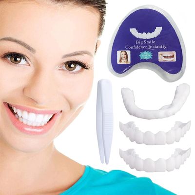 Dazzluxe 2 Pairs Snap on Dentures Silicone Upper & Lower False Teeth Cosmetic, Comfort Instant Whitening Veneers Teeth, White Cosmetic False Tooth Clip in Veneers Teeth