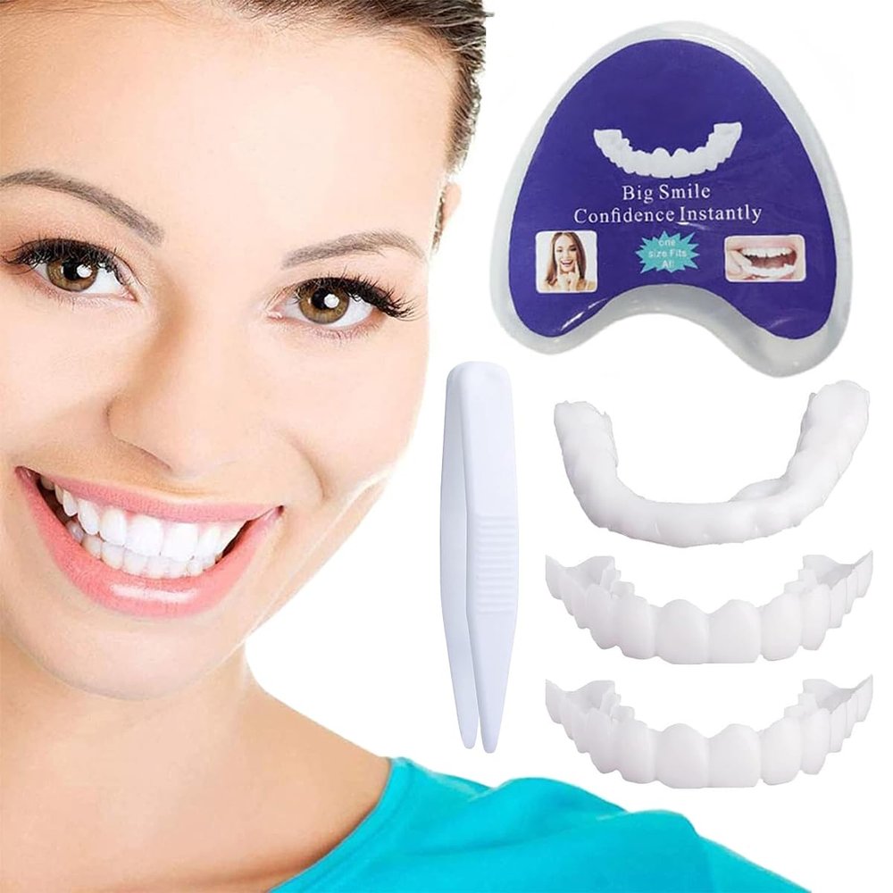 Dazzluxe 2 Pairs Snap on Dentures Silicone Upper & Lower False Teeth Cosmetic, Comfort Instant Whitening Veneers Teeth, White Cosmetic False Tooth Clip in Veneers Teeth
