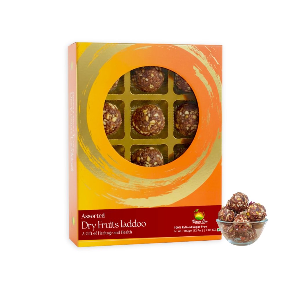 Dawn Lee Assorted Dry Fruits Laddu - Sugar Free - Mamra Almonds Unprocessed Pure Dates Sweetness - Low GI- Protein Bars- Gluten Free- Kids Nutrition Bar - Indian Sweets- A2 Bilona Ghee -200GM