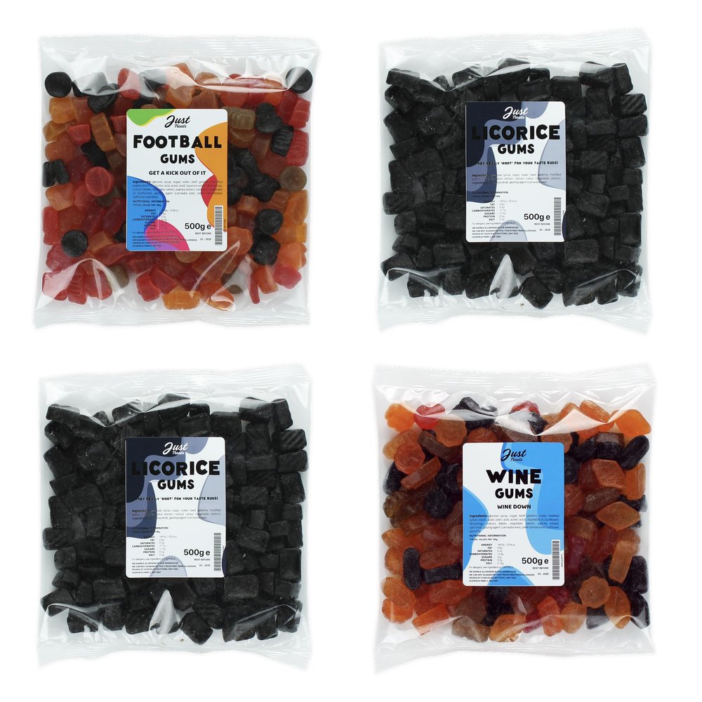 Lion Original Gums The Liquorice Labyrinth - Football Gums, 2 x Liqorice Gums, Wine Gums (4 x 500g Bags) - 1,3,3,6