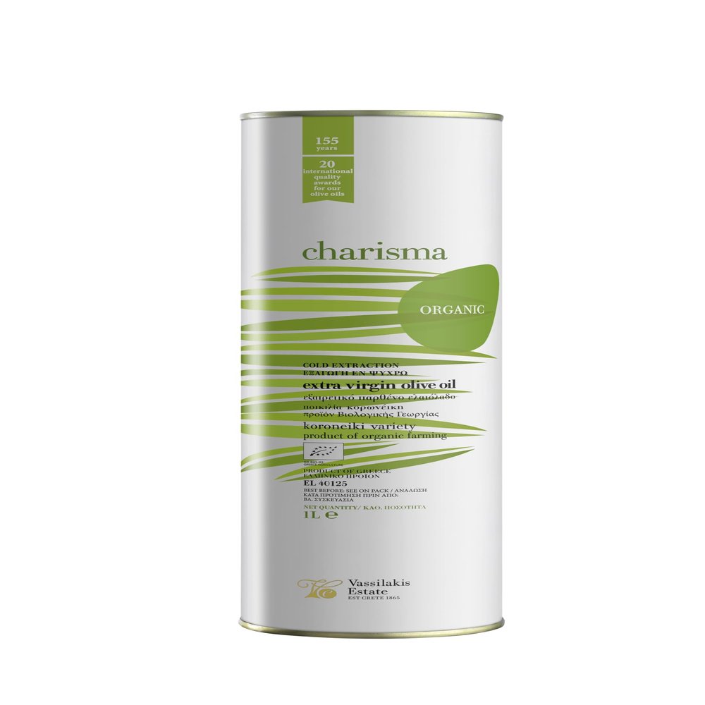 Charisma Greek Organic Extra Virgin Olive Oil from Crete Tin, 1L - Cold Extraction