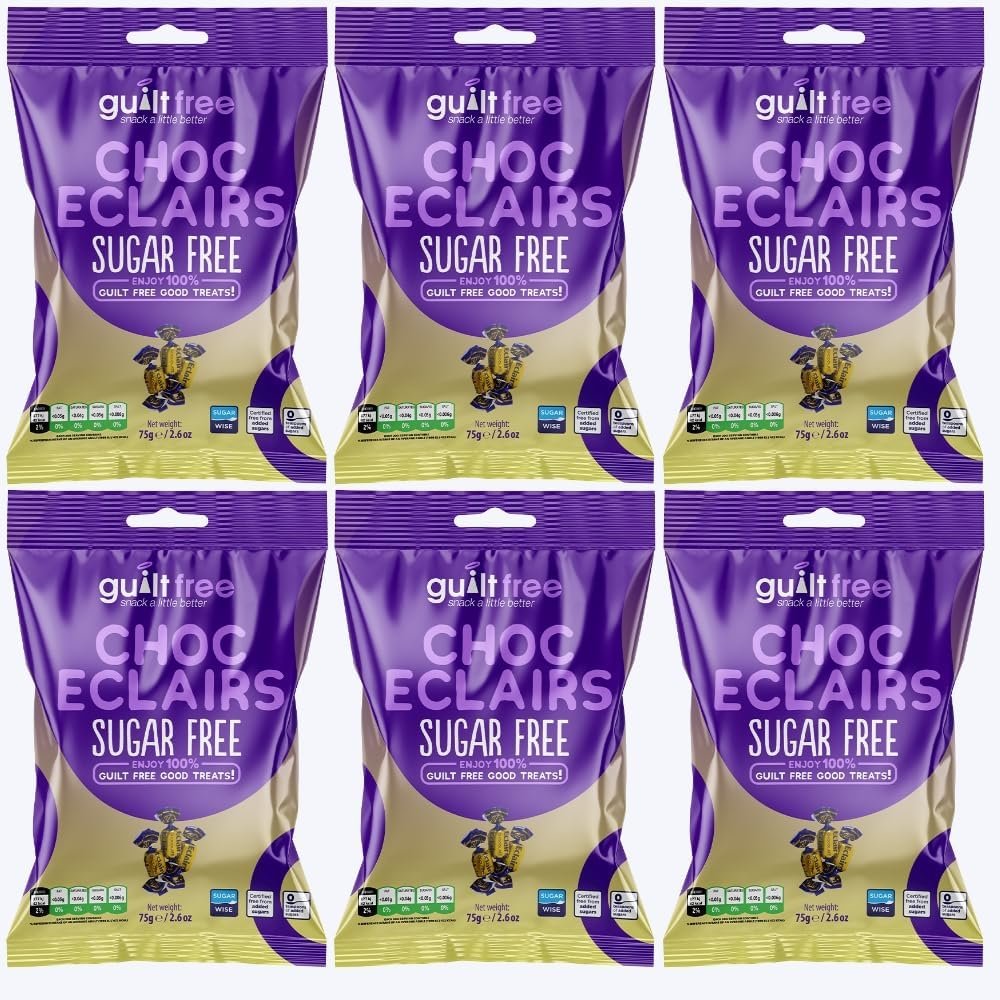 Guiltfree Sugar Free Chocolate Eclairs Sweets Retro Classic Sweet Eclair Sweets Milk Chocolate Toffee| for Diabetic Gift Hamper Basket Available - Perfect for Gifting | 6 x 75g Resealable Pack