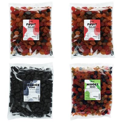 Lion Original Gums The Tropical Medley 1kg Quartet - 2 x Fruit Salad, Liqorice Gums, Midget Gems (4 x 1kg Party Bags) - 2,2,3,4