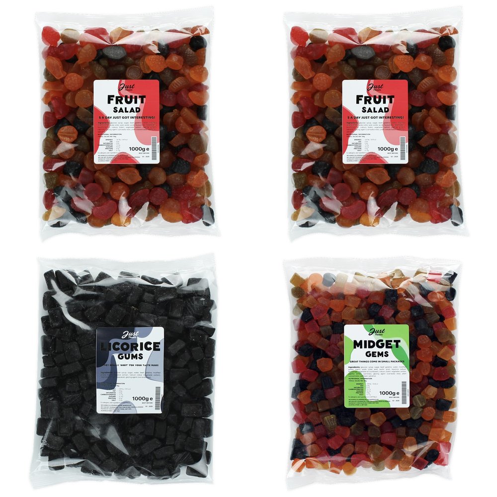 Lion Original Gums The Tropical Medley 1kg Quartet - 2 x Fruit Salad, Liqorice Gums, Midget Gems (4 x 1kg Party Bags) - 2,2,3,4