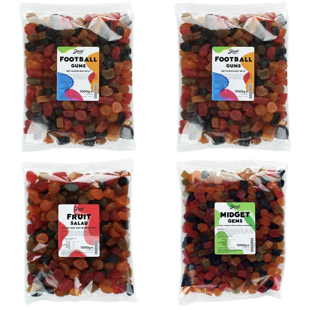 Lion Original Gums The Matchday Favorites 1kg Quartet - 2 x Football Gums, Fruit Salad, Midget Gems (4 x 1kg Party Bags) - 1,1,2,4
