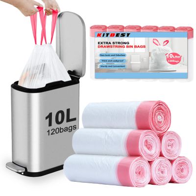 10L Bin Bags Small Bin Liners (120 Bags), Drawstring Trash Bags with Tie Handle, KITBEST No-Tear Caddy Liner Pedal Garbage Bags for Bathroom, Toilet, Kitchen, Office Waste Bin (45x50cm)