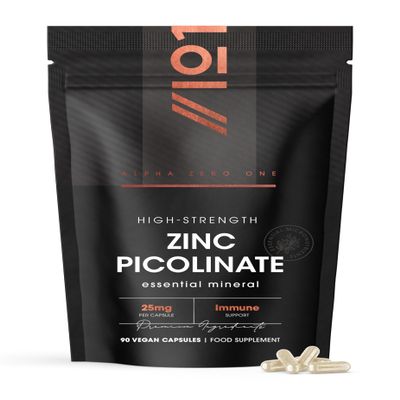 Zinc Picolinate 25mg  90 Vegan Capsules (3 Months Supply)  250% Daily NRV - Elemental Zinc Picolinate  Resealable and Recyclable Pouch by Alpha01