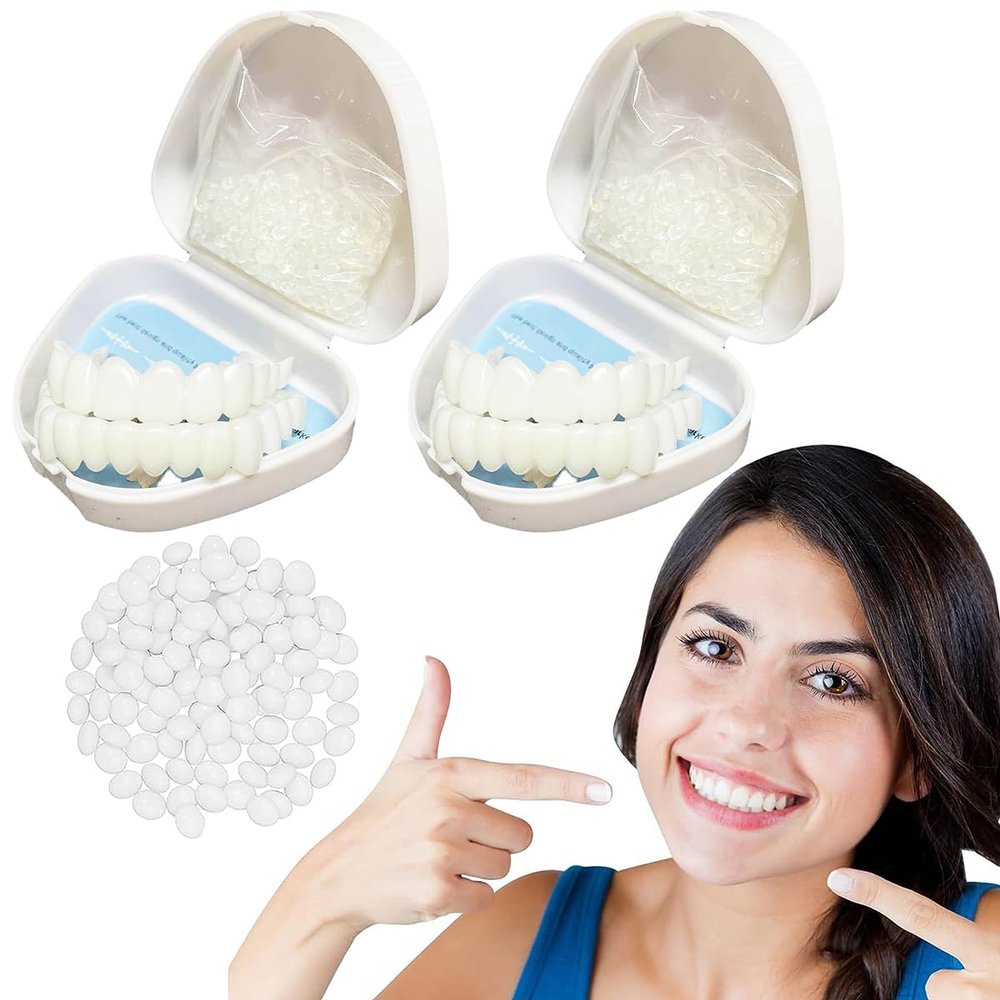 Dazzluxe 2 Pairs Instant Veneers Dentures Fake Teeth Braces Whitening Cosmetic Snap on Tooth Covering, Clip in Veneers Teeth Temporary Smile Upper And Lower False Teeth