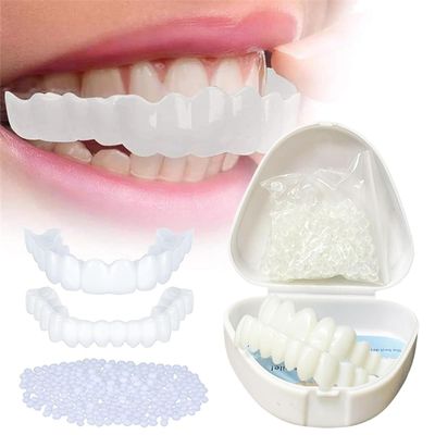 Dazzluxe False Teeth, 2 Pairs Clip in Veneers Teeth, Instant Perfect Smile Teeth Veneers Upper & Lower Set, Temporary Cosmetic Fake Teeth, Comfort Fit Dentures for Cover Bad Teeth