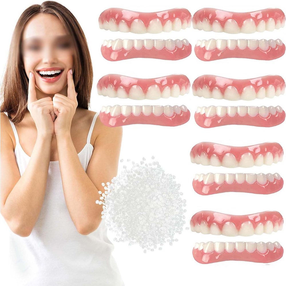 False Teeth Reusable Silica Gel Veneers Top and Bottom Instant Veneers Fake Teeth Smile Veneers Cosmetic Teeth Whitening Temporary Prosthesis Teeth for Men Women,01,6PCS