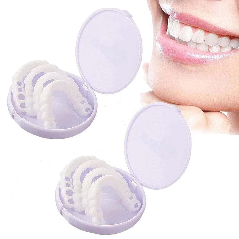 Dazzluxe 2 Pairs Fake Teeth, Temporary Cosmetic Upper & Lower Veneers Teeth, Instant Confident Smile Silicone Dentures Whitening False Teeth Veneers for Men Women Cover Missing Teeth