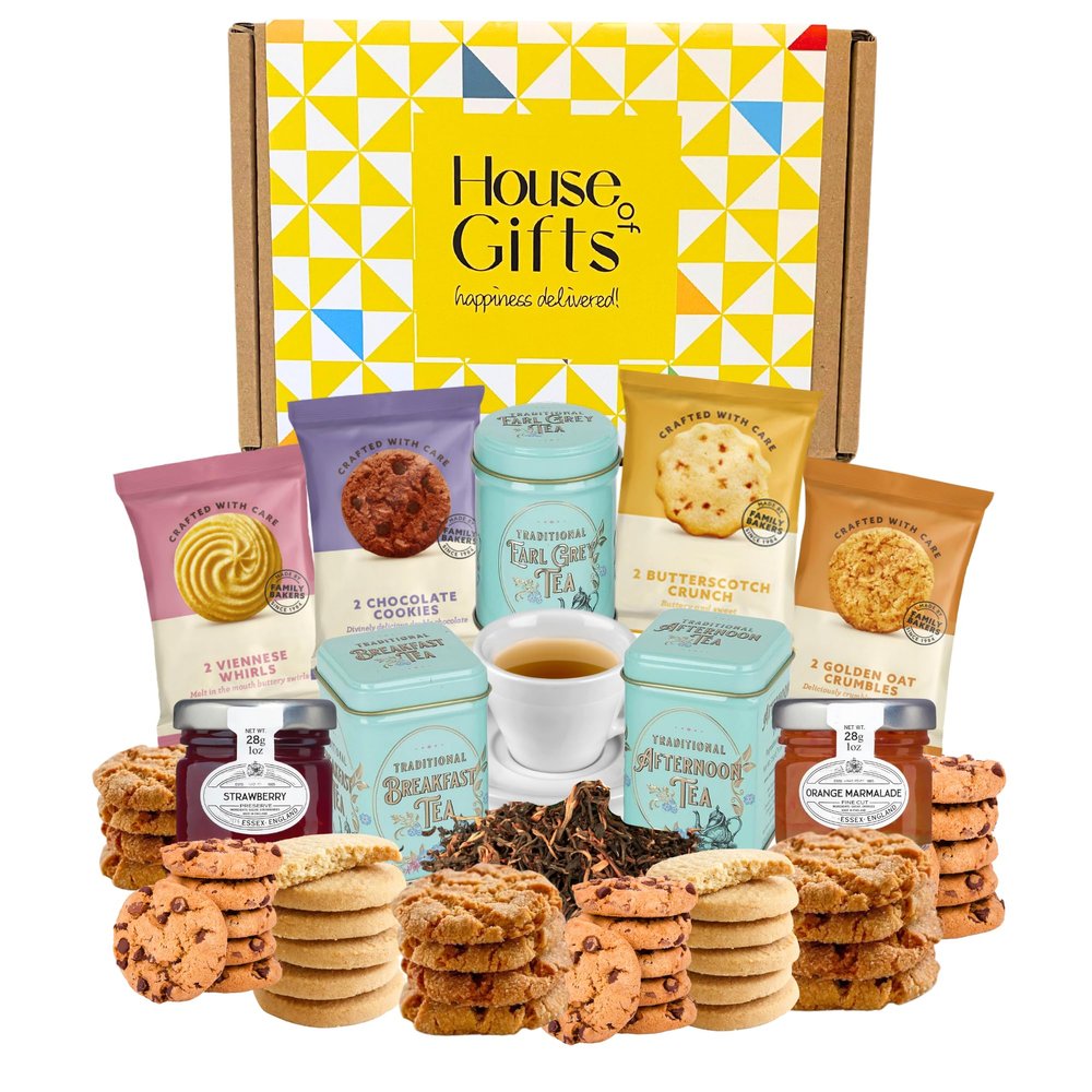Tea Gift Set Hamper with Strawberry Jam & Marmalade Pots With Border Biscuits, Afternoon, Breakfast & Earl Grey Loose Tea in Mini English Tea Tins | Gift Hamper for Special Occasions