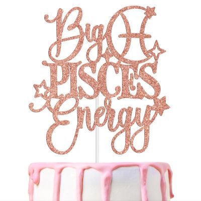 Big Pisces Energy Cake Topper, Happy Birthday Pisces in Febuary/March, Pisces Season, 12 Zodiac Constellation Theme Birthday Party Decoration Supplies, Rose Gold Glitter