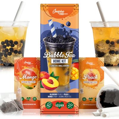 INSPIRE FOOD Bubble Tea Kit - Blueberry Boba 100g, Peach Syrup & Mango Syrup 30ml, 4 Straws + 2 Jasmine Tea Bags | Vegan, Gluten-Free, No Artificial Colors