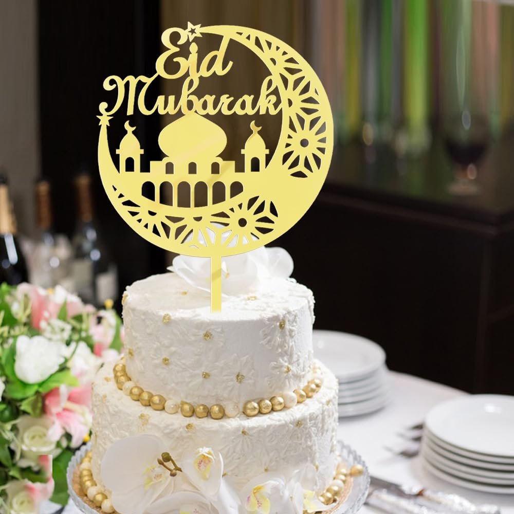 Kaoenla Silver Glitter Moon Eid Mubarak Cake Topper,Ramadan Kareem, Muslim Islam Cake Topper, Eid Festival Party Decoration Supplies (Acrylic)