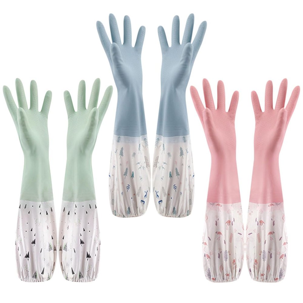 ACMEDE Rubber Cleaning Gloves, Washing Up Gloves Kitchen Dishwashing, Latex Free Long Cuff Cotton Lined Household Gloves for Laundry, Gardening 3 Pairs