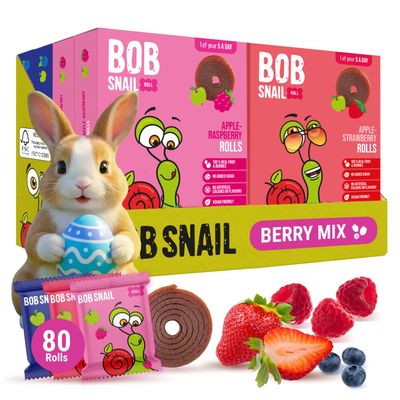 Bob Snail Fruit Roll Ups  Healthy Sweets Snacks, Real Dried Fruits, No Added Sugar, Vegan, Nut Free, Candy for Adults, Kids, with Blueberry, Raspberry, Strawberry  Bulk 80 Pack, 800g