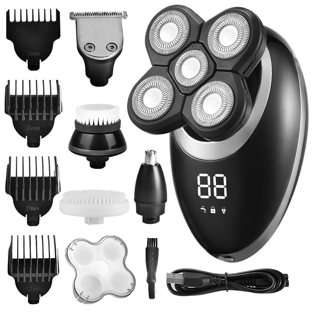 Electric Razor for Men, 5 in 1 Professional Electric Shaver USB Rechargeable Washable Men's Five Floating Heads Razors Hair Clipper Nose Ear Hair Trimmer (Color : Silver)