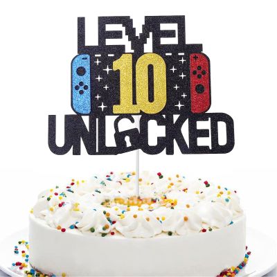 10th Birthday Cake Toppers, 10 Cake Topper Happy Birthday Cupcake Topper with Eating Paper Stick Themed Cake Insert Sign 6.1inches Cake Decoration for Birthday Party Cake Supplies10 Years Old
