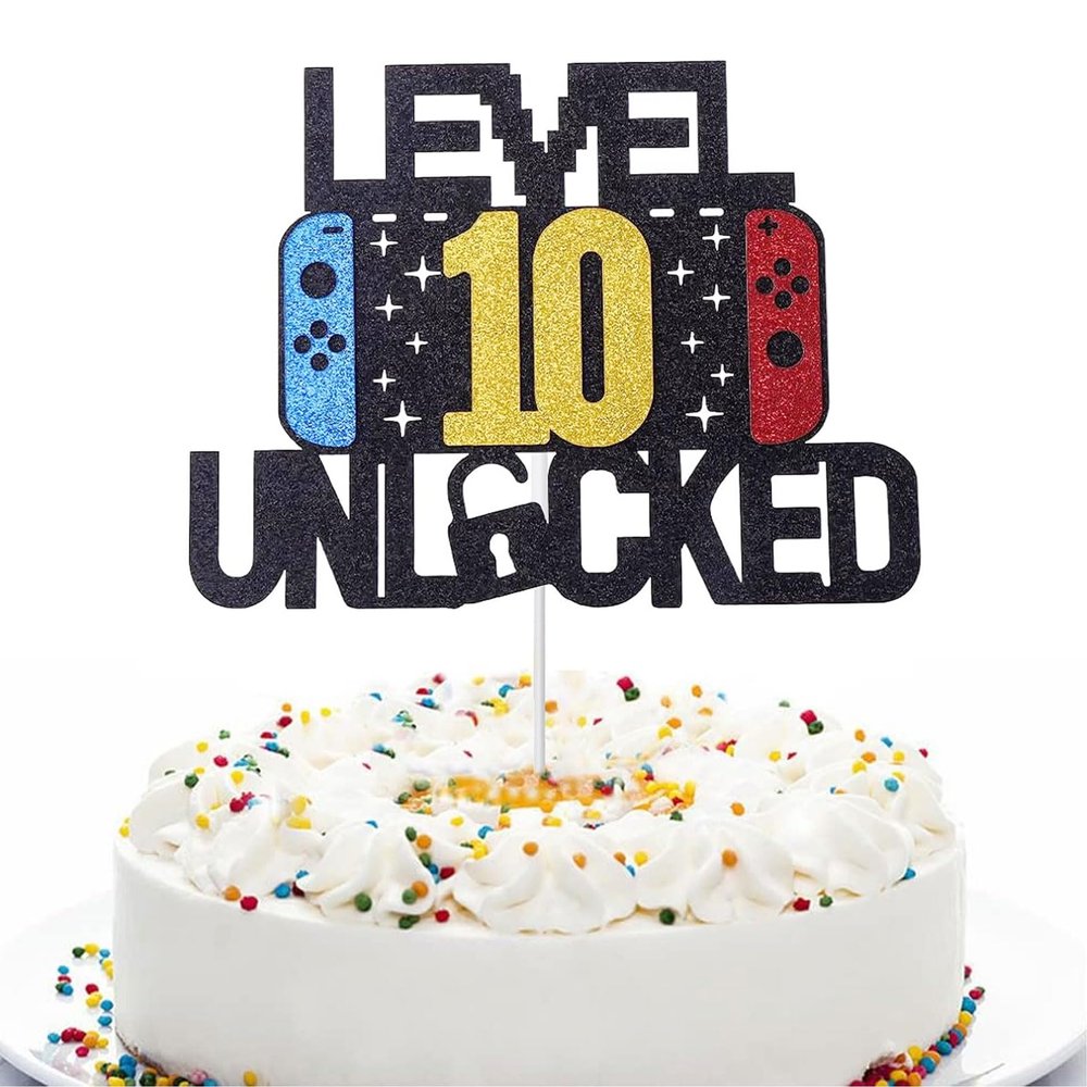 10th Birthday Cake Toppers, 10 Cake Topper Happy Birthday Cupcake Topper with Eating Paper Stick Themed Cake Insert Sign 6.1inches Cake Decoration for Birthday Party Cake Supplies10 Years Old