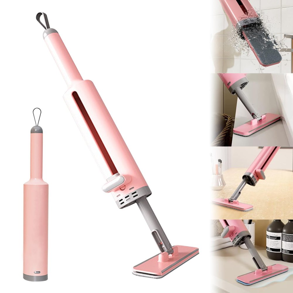1/2 Universal Mini Mop, Mini Mop, Portable Squeeze Mop, Handheld Mini Mop with Wring Function, Dry and Wet Desktop Cleaning, for Windows, Tiles, Car, Desktop, Floor (Pink)