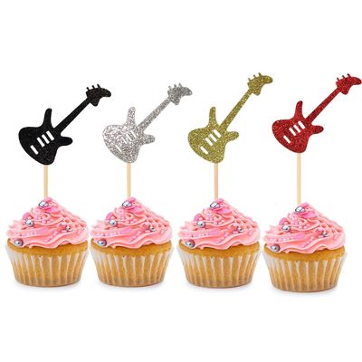 BoningNEW Guitar Toppers, 24 PCS Dessert Decorating Cupcake Pick for Birthday, Wedding, Baby Shower Party, Music Theme, Glitter Four Colors: Black, Gold, Silver, Red