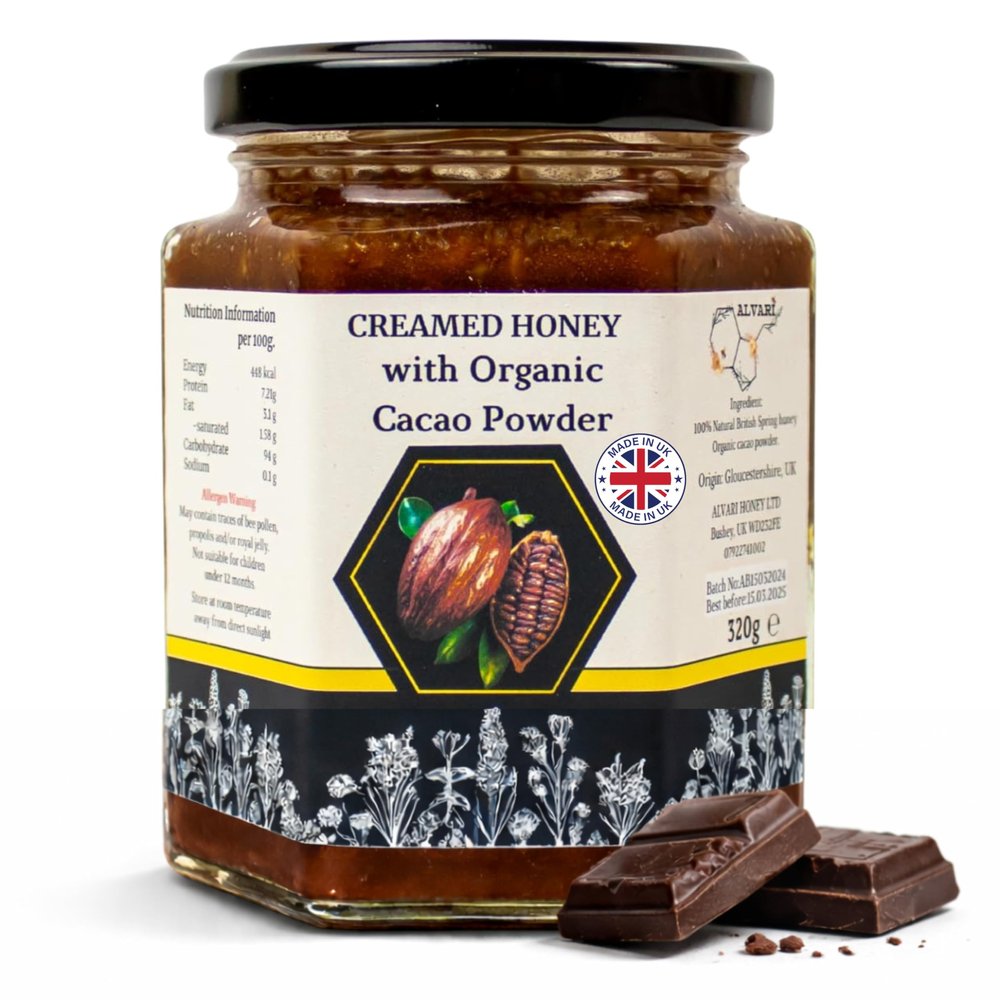 Alvari 100% Raw Creamy Honey Infused with Cacao Powder - Whipped Honey from Local Bees - Smooth Honey with Delicious Blend of Cacao - Unprocessed, Unheated & Unfiltered Honey for Health