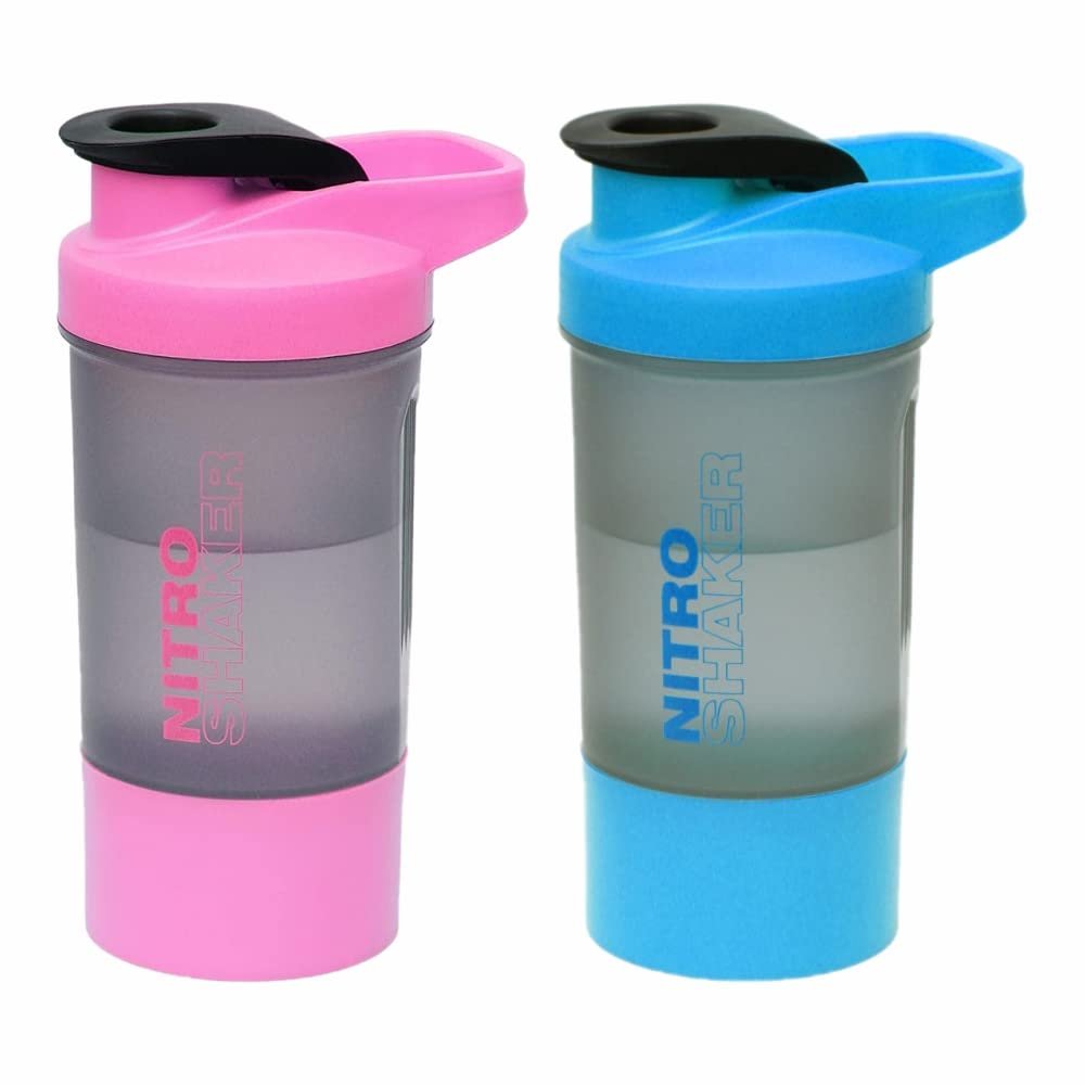 2 x Protein Shaker Bottle 600ml with Leakproof Screw Lid, Steel Mixing Ball & Storage Compartment Gym/Sports Shaker Drink Bottle for Protein Shakes BPA Free Protein Powder Shaker Cup (Pink + Blue)