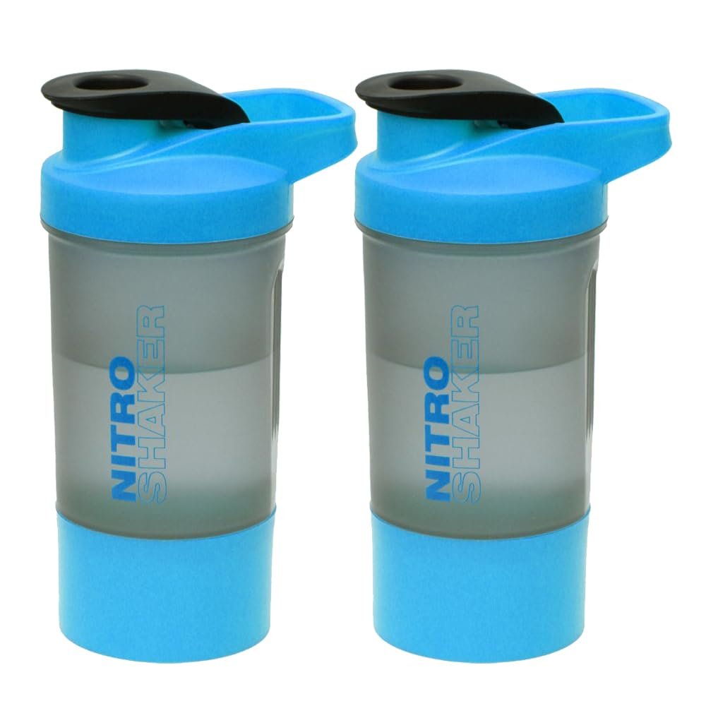 2 x 600ml Protein Shaker Bottle with Twist & Lock Protein Box Storage Metal Mixing Ball Non-Drip Screw Lid Gym Sports Fitness Workout Protein Shaker Bottle BPA Free Leakproof Durable (Blue)