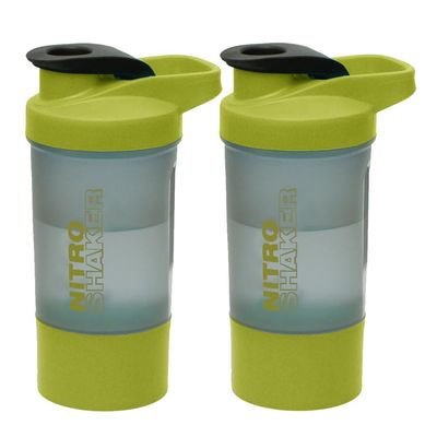 2 x Protein Shaker Bottle 600ml with Leakproof Screw Lid, Steel Mixing Ball & Storage Compartment Gym/Sports Shaker Drink Bottle for Protein Shakes BPA Free Protein Powder Shaker Cup (Green + Green)