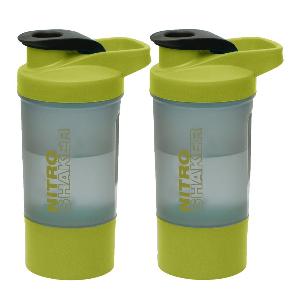 2 x Protein Shaker Bottle 600ml with Leakproof Screw Lid, Steel Mixing Ball & Storage Compartment Gym/Sports Shaker Drink Bottle for Protein Shakes BPA Free Protein Powder Shaker Cup (Green + Green)