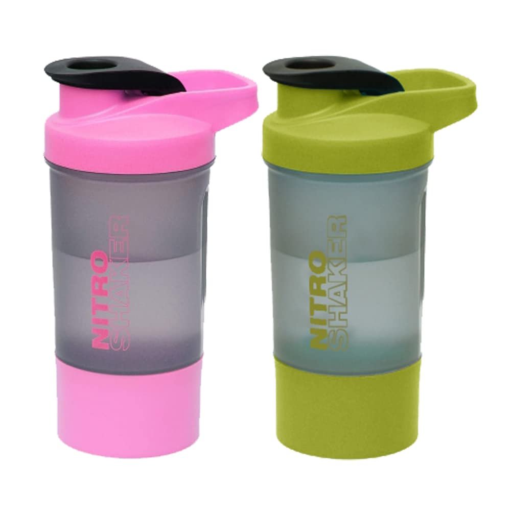 2 x Protein Shaker Bottle 600ml with Leakproof Screw Lid, Steel Mixing Ball & Storage Compartment Gym/Sports Shaker Drink Bottle for Protein Shakes BPA Free Protein Powder Shaker Cup (Pink + Green)