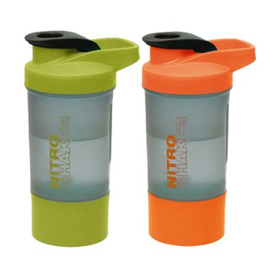 2 x Protein Shaker Bottle 600ml with Leakproof Screw Lid, Steel Mixing Ball & Storage Compartment Gym/Sports Shaker Drink Bottle for Protein Shakes BPA Free Protein Powder Shaker Cup (Orange + Green)
