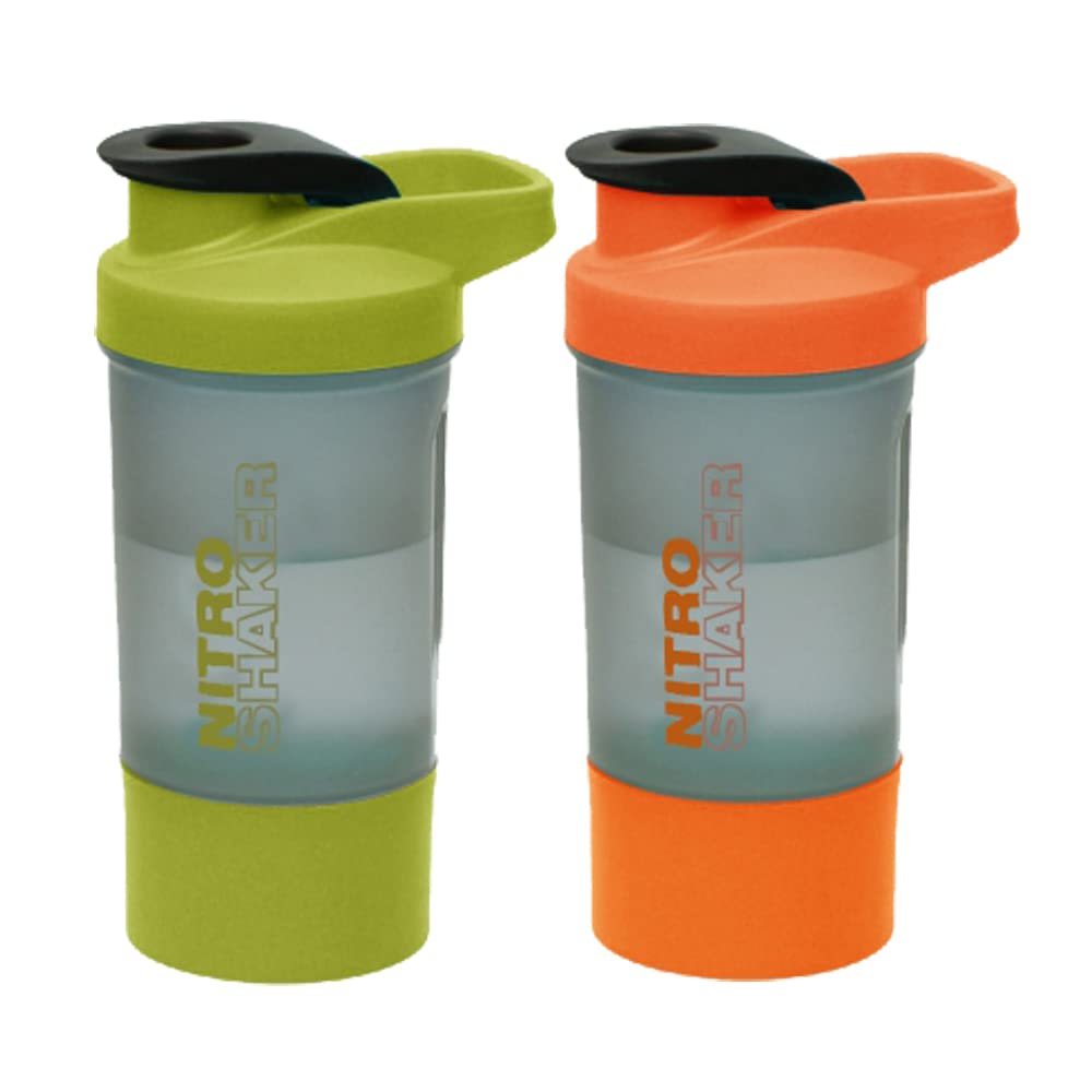 2 x Protein Shaker Bottle 600ml with Leakproof Screw Lid, Steel Mixing Ball & Storage Compartment Gym/Sports Shaker Drink Bottle for Protein Shakes BPA Free Protein Powder Shaker Cup (Orange + Green)