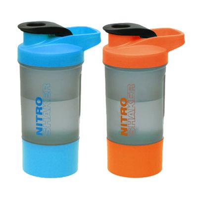 2 x Protein Shaker Bottle 600ml with Leakproof Screw Lid, Steel Mixing Ball & Storage Compartment Gym/Sports Shaker Drink Bottle for Protein Shakes BPA Free Protein Powder Shaker Cup (Blue + Orange)