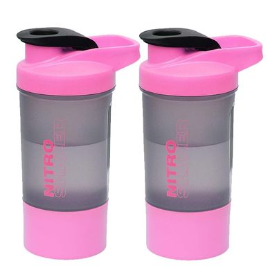 2 x Protein Shaker Bottle 600ml with Leakproof Screw Lid, Steel Mixing Ball & Storage Compartment Gym/Sports Shaker Drink Bottle for Protein Shakes BPA Free Protein Powder Shaker Cup (Pink + Pink)